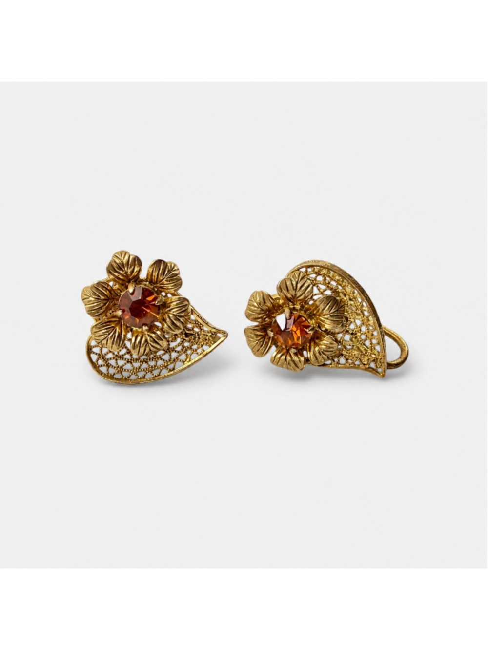 Vintage 1940s Czechoslovakia Amber Rhinestone Earrings, Gold Tone Filigree Flora